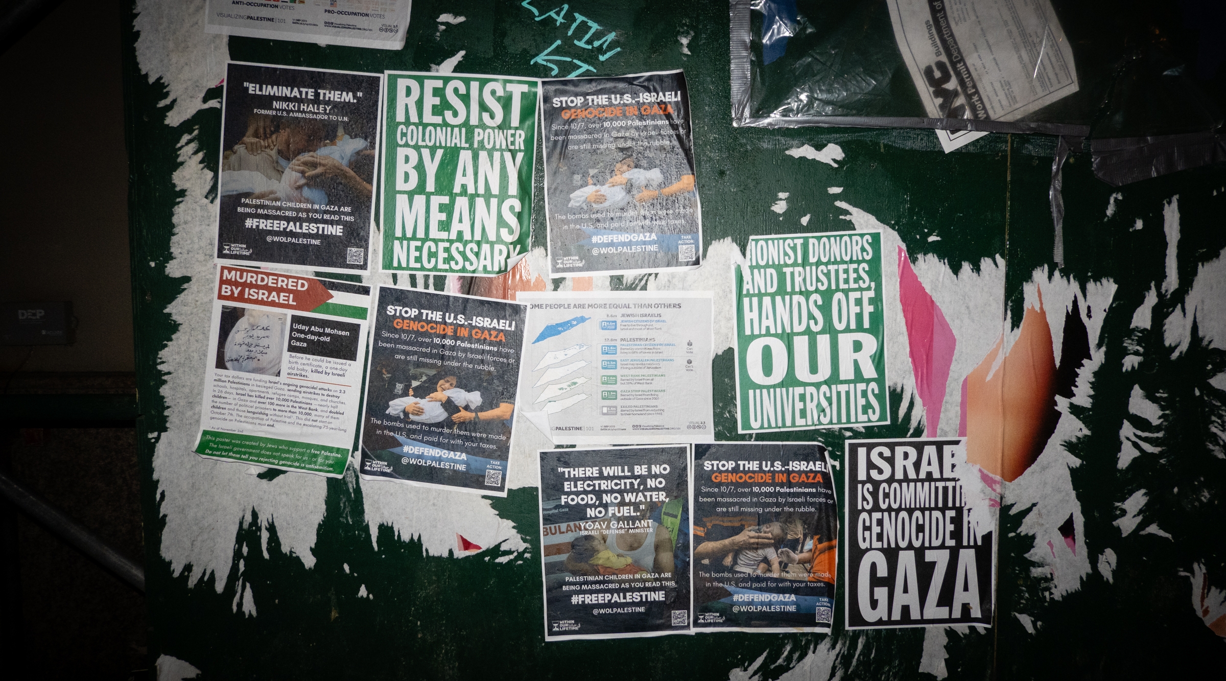 Anti-Israel stickers in Manhattan, Nov. 30, 2023. (Luke Tress)