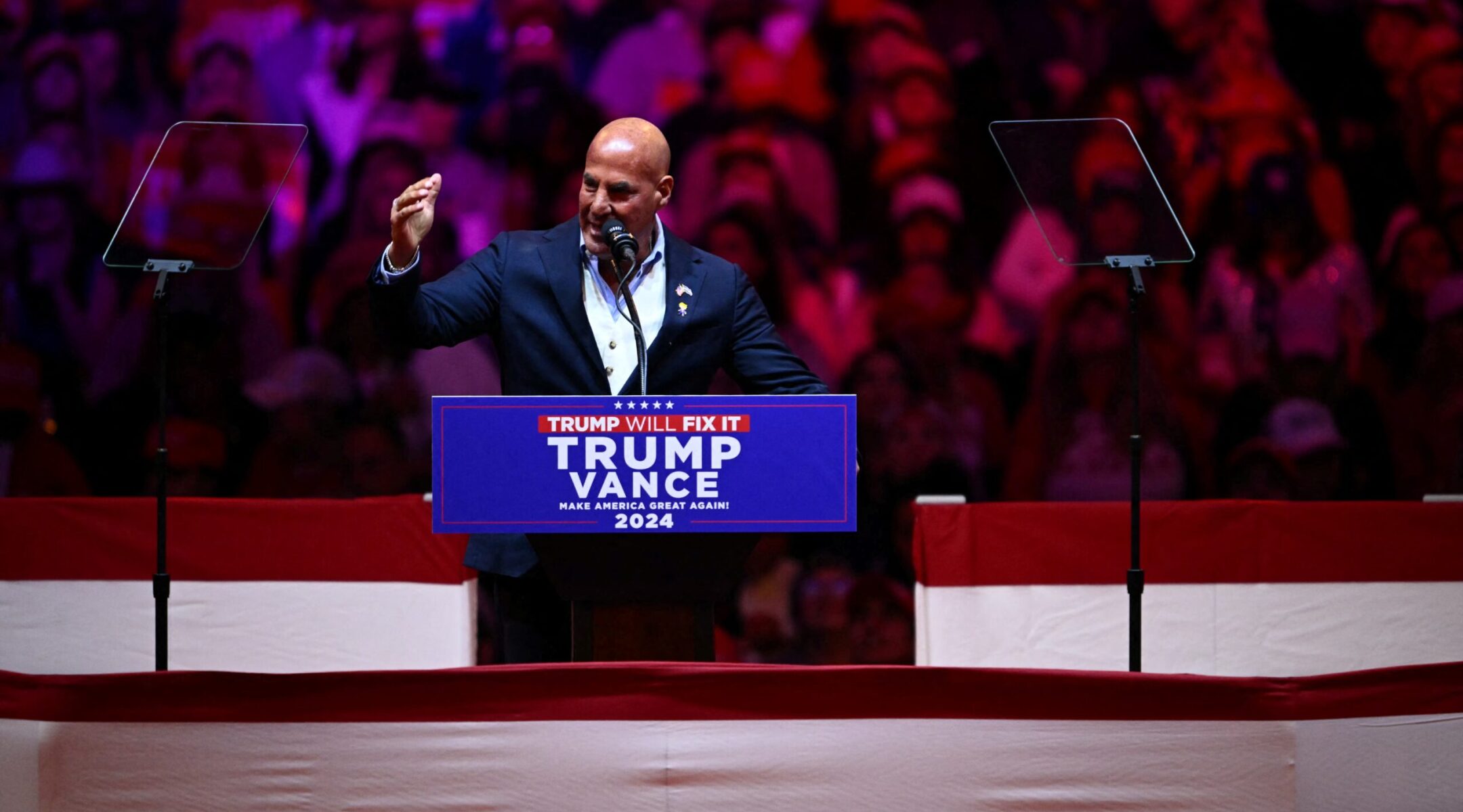 New York radio personality Sid Rosenberg speaks during a campaign rally for former US President and Republican presidential candidate Donald Trump at Madison Square Garden in New York, October 27, 2024. (Angela Weiss/Getty Images)