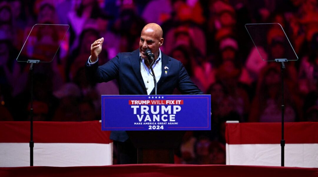 New York radio personality Sid Rosenberg speaks during a campaign rally for former US President and Republican presidential candidate Donald Trump at Madison Square Garden in New York, October 27, 2024. (Angela Weiss/Getty Images)