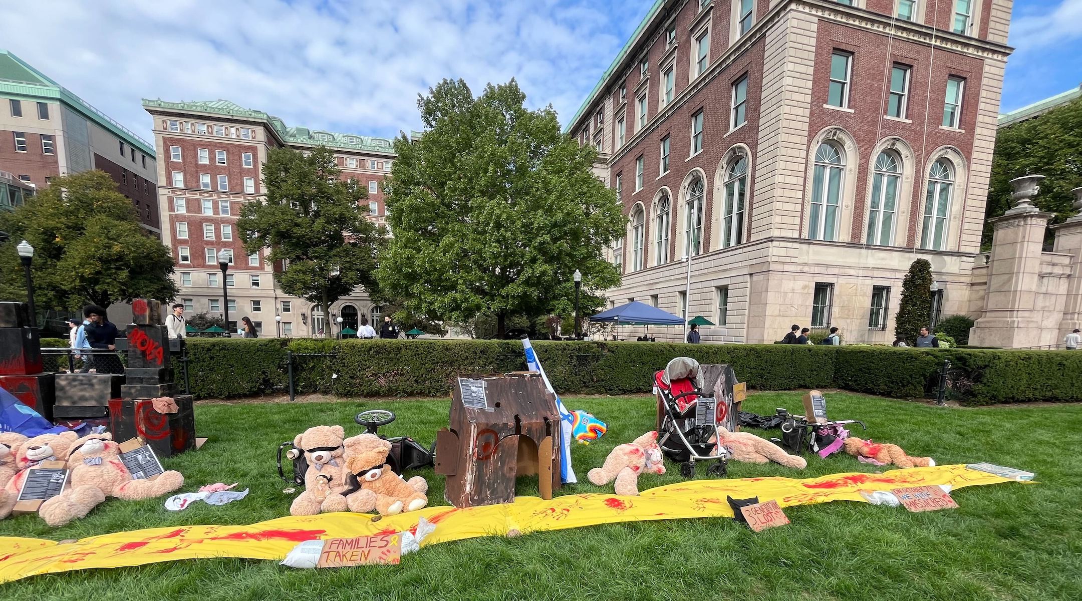 A display of teddy bears on Columbia's campus on Oct. 7, 2024 meant to symbolize Israelis killed and taken hostage one year earlier. (Jackie Hajdenberg)