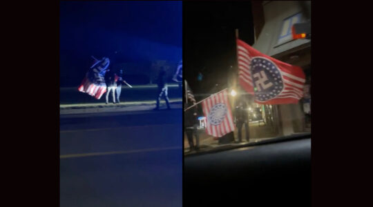 Masked men waving Nazi flags outside at night