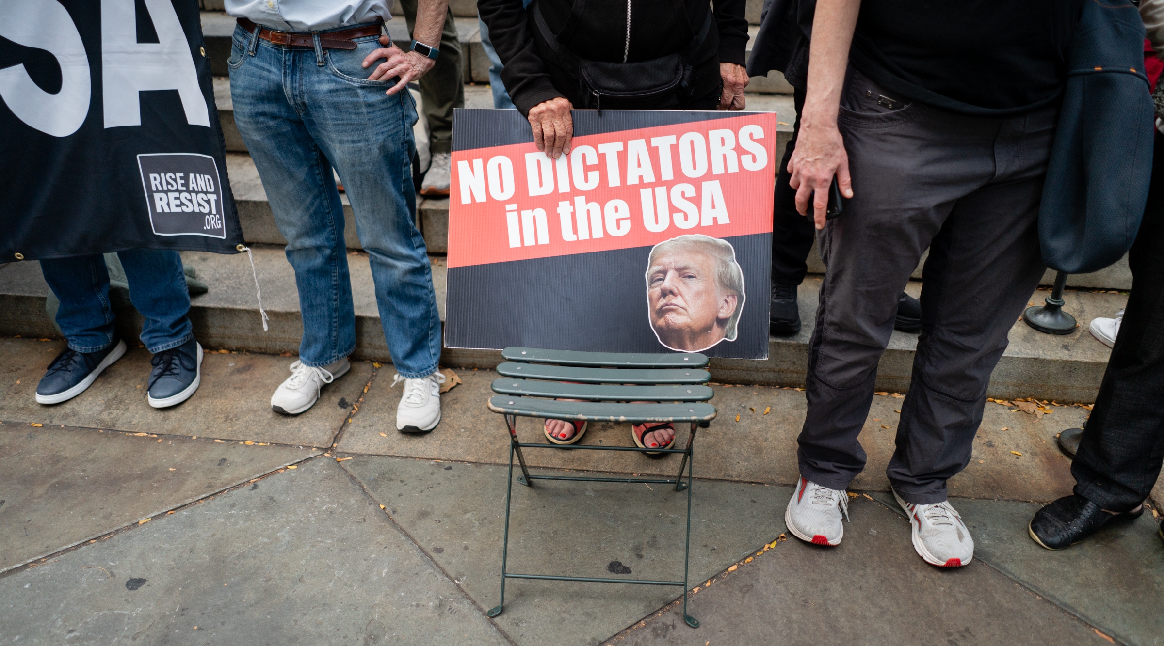 Anti-Trump protesters outside the New York Public Library in midtown Manhattan, Nov. 6, 2024. (Luke Tress)