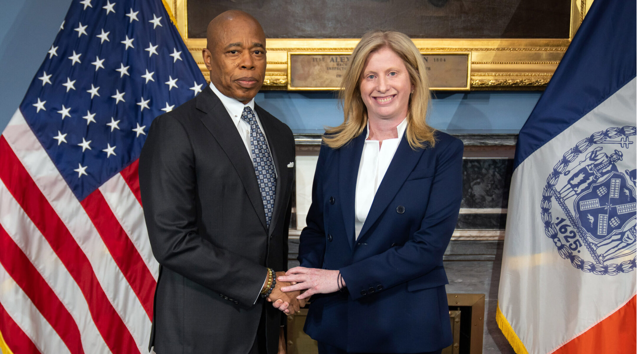 New York Mayor Eric Adams, left, and incoming NYPD commissioner Jessica Tisch, left, Nov. 20, 2024. (Ed Reed/Mayoral Photography Office)