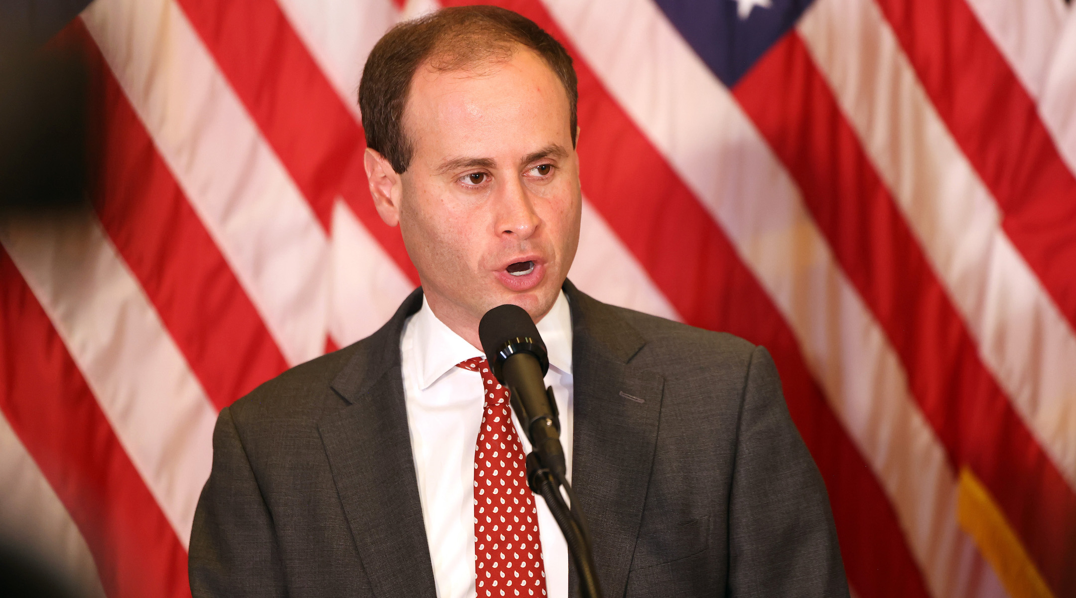 Will Scharf, who has worked as an attorney for Donald Trump, speaks during a press conference at Trump Tower on Sept. 6, 2024 in New York City. (Michael M. Santiago/Getty Images)