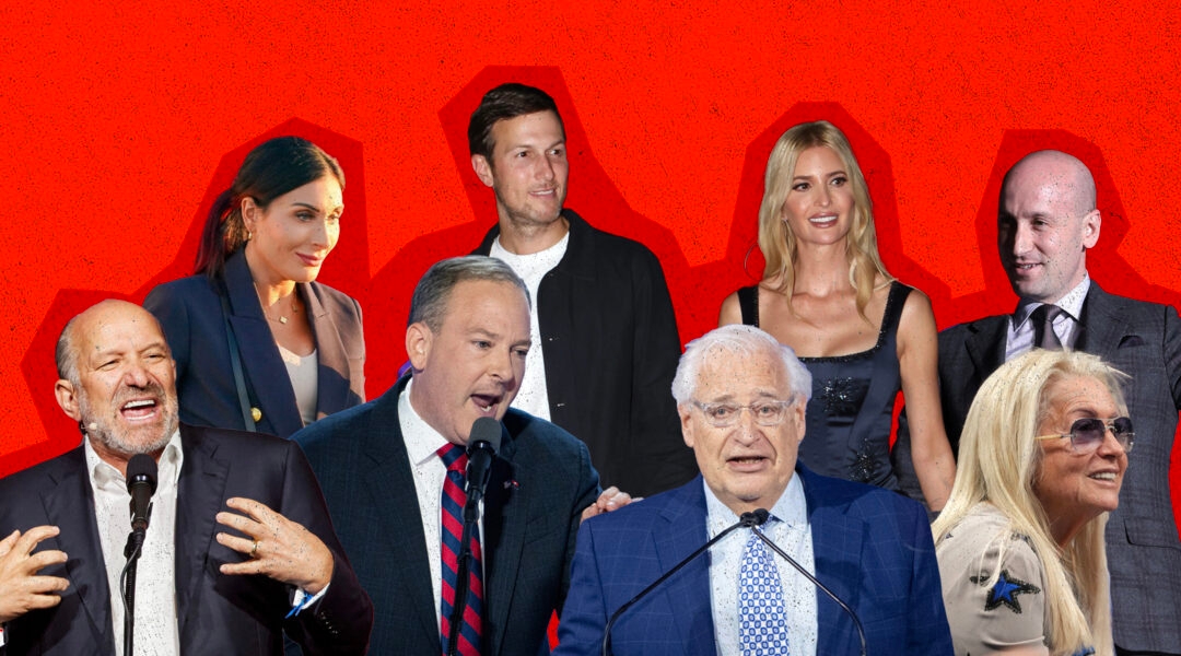 Top row, from left: Laura Loomer, Jared Kushner, Ivanka Trump, Steven Miller. Bottom row: Howard Lutnick, Lee Zeldin, David Friedman, Miriam Adelson. (Collage by Grace Yagel)