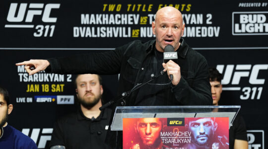 Dana White speaks during the UFC 311 Press Conference at Intuit Dome on January 16, 2025 in Inglewood, California. (Jeff Bottari/Zuffa LLC)