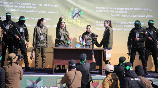 Hamas releases four female Israeli hostages in a ceremony in Gaza City on January 25, 2025. (Majdi Fathi/NurPhoto)