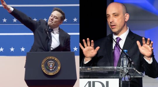 Left: Elon Musk's salute at an Inauguration Day rally (Screenshot). Right: ADL CEO Jonathan Greenblatt, pictured in 2018 (Getty Images)