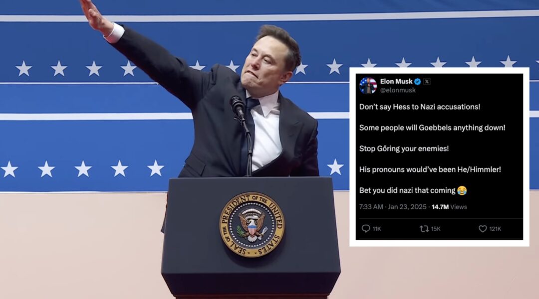 Elon Musk delivers a salute at a Trump immigration rally. Inset: Musk's Holocaust joke post. (Screenshot)