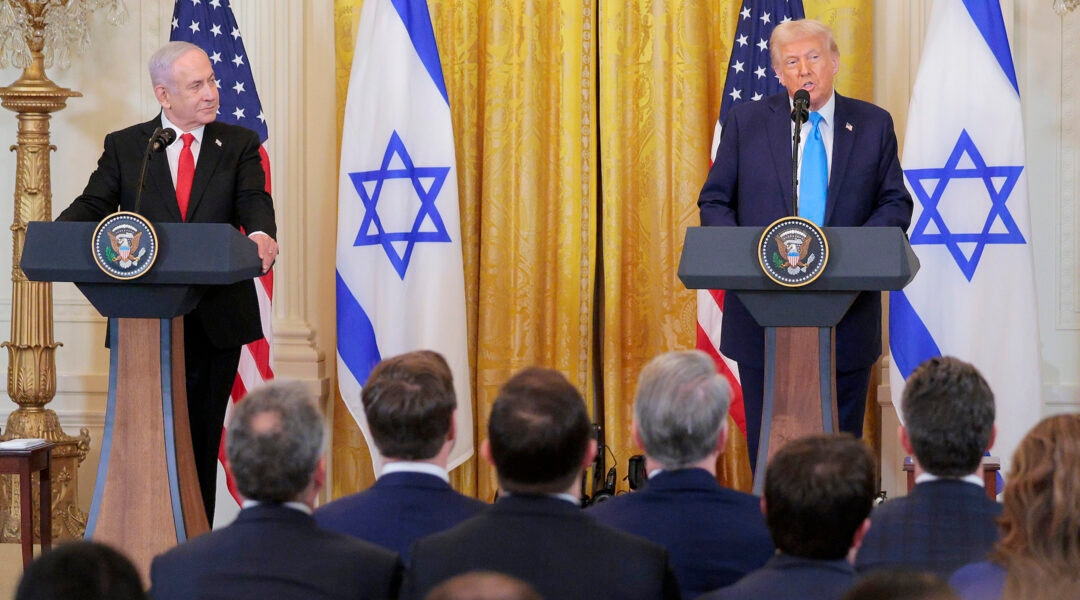 Israeli Prime Minister Benjamin Netanyahu and U.S. President Donald Trump speak during a joint press conference in the East Room of the White House on Feb. 4, 2025, in Washington, DC. (Chip Somodevilla/Getty Images)