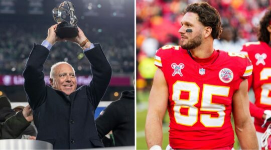 Jeffrey Lurie, left, at the NFC Championship Game, Jan. 26, 2025. (Lauren Leigh Bacho/Getty) Anthony Firkser at a Kansas City Chiefs game, Dec. 21, 2024. (Cooper Neill/Getty)