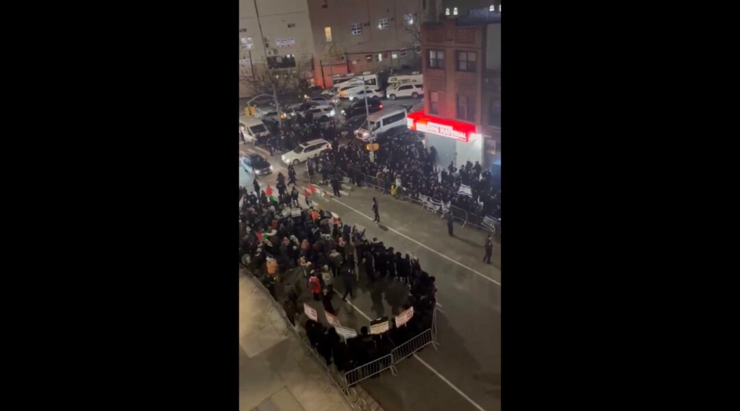 A pro-Palestinian protest and pro-Israel counterprotest in the heavily Jewish neoghborhood of Borough Park, Brooklyn on Feb. 18, 2025. (Screenshot)