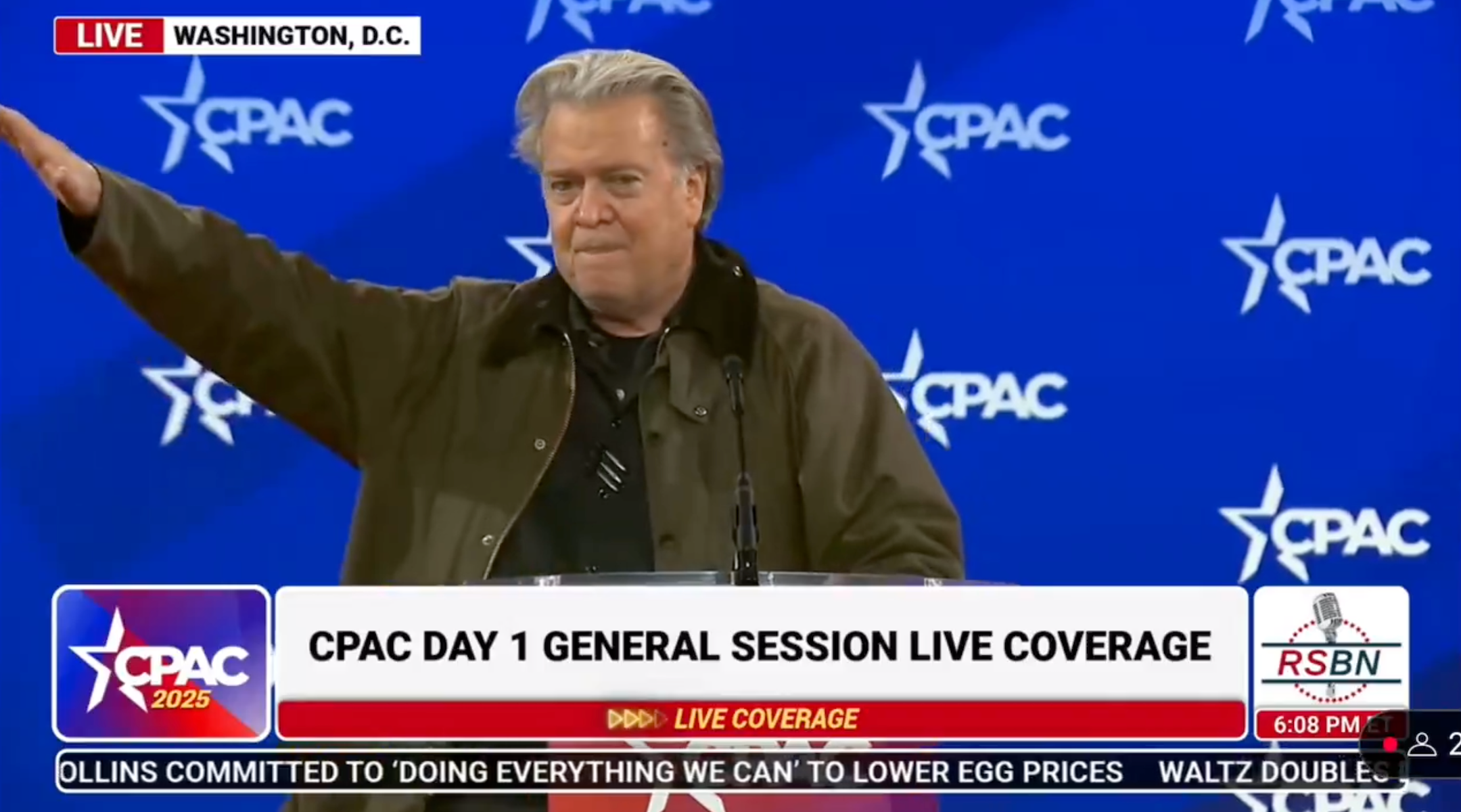 Steve Bannon made a gesture at CPAC that was accused of being a Nazi salute in February 2025. (Screenshot)