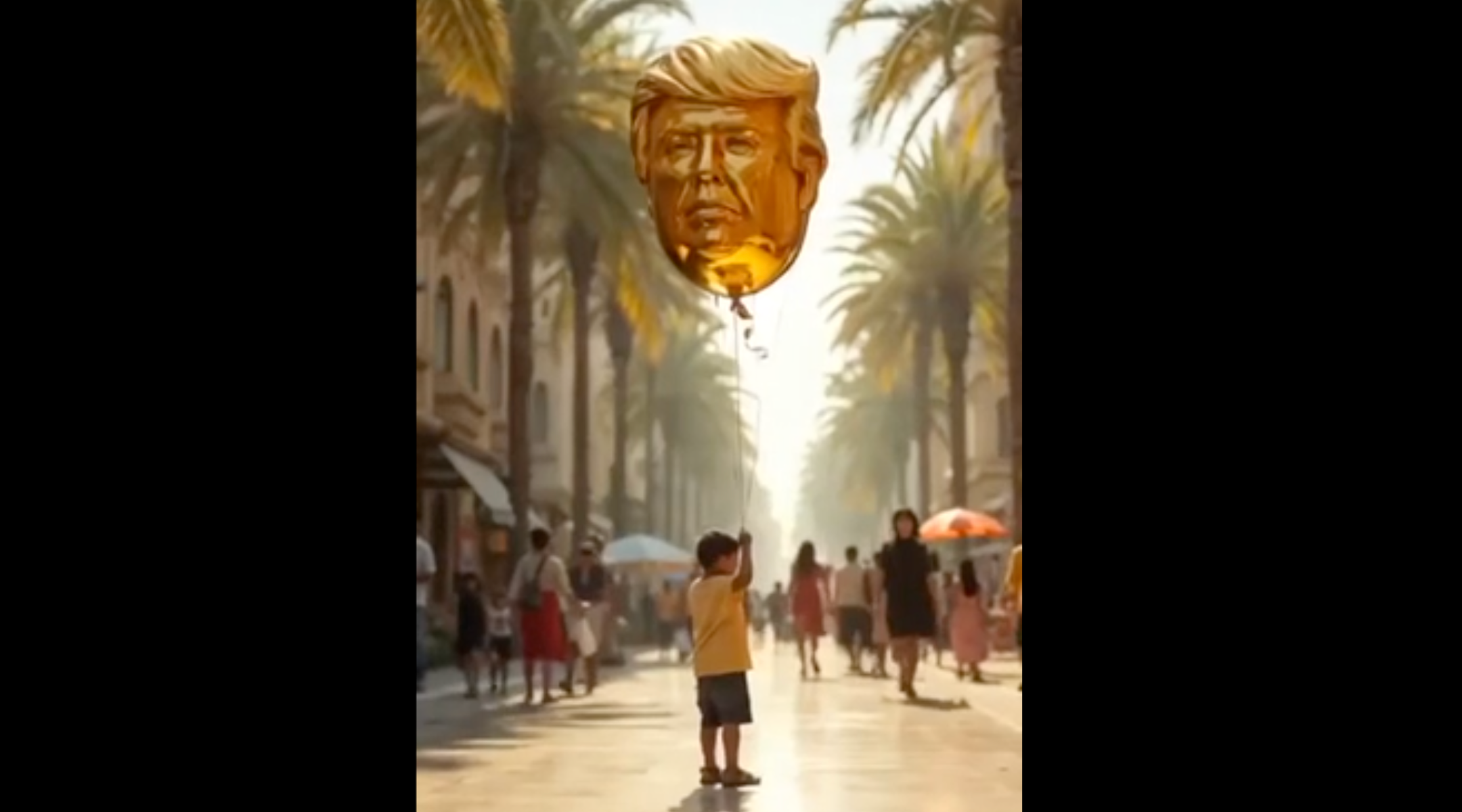 A child in Gaza holds a golden balloon shaped like Donald Trump's head in an A.I. video shared by the president. (Screenshot)