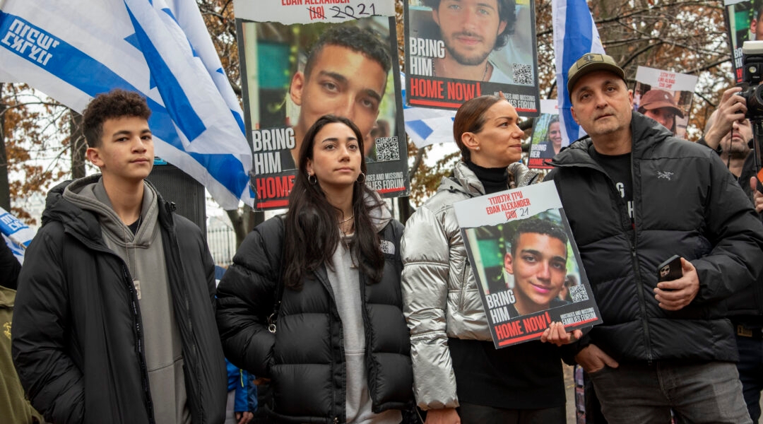 The family of Edan Alexander, an American held captive in Gaza, protests for his release in December 2024 in New York City. (Alon Kaplun)