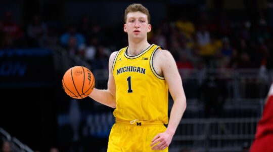 Danny Wolf during the men’s Big Ten tournament, March 16, 2025, in Indianapolis. (Zach Bolinger/Icon Sportswire via Getty Images)