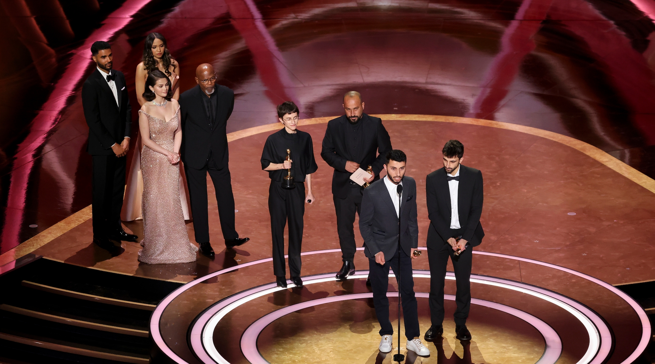 Rachel Szor, Hamdan Ballal, Basel Adra, Yuval Abraham at the 97th Oscars held at the Dolby Theatre on March 2, 2025 in Hollywood, California. (Rich Polk/Penske Media via Getty Images)