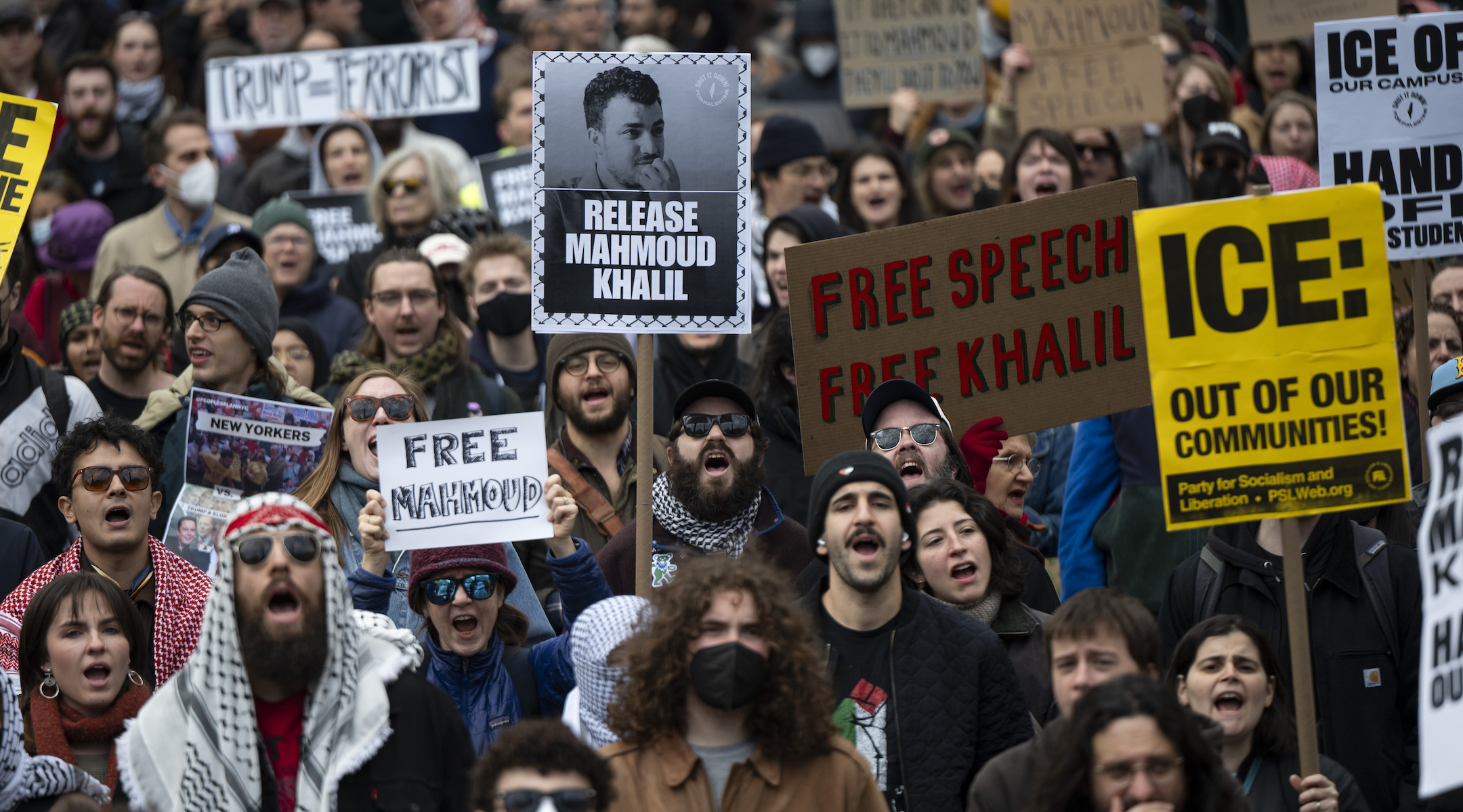 Demonstrators gather outside the Federal Courthouse in New York City to show support for Palestinian activist Mahmoud Khalil and to demand his release from ICE detention on March 12, 2025. (Mostafa Bassim/Anadolu via Getty Images)