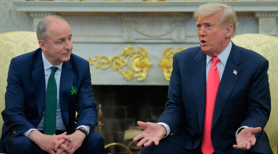 President Donald Trump and Irish Taoiseach Micheal Martin speak to journalists ahead of meetings in the Oval Office at the White House on March 12, 2025 in Washington, DC. (Chip Somodevilla/Getty Images)